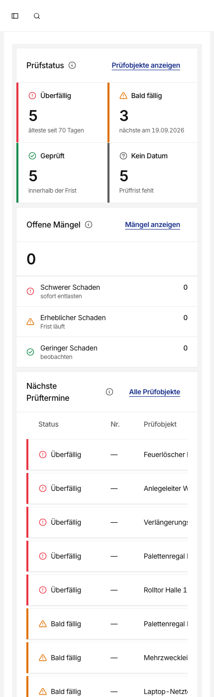 Fristner-Übersicht mit Prüfstatus, offenen Mängeln und den nächsten Prüfterminen